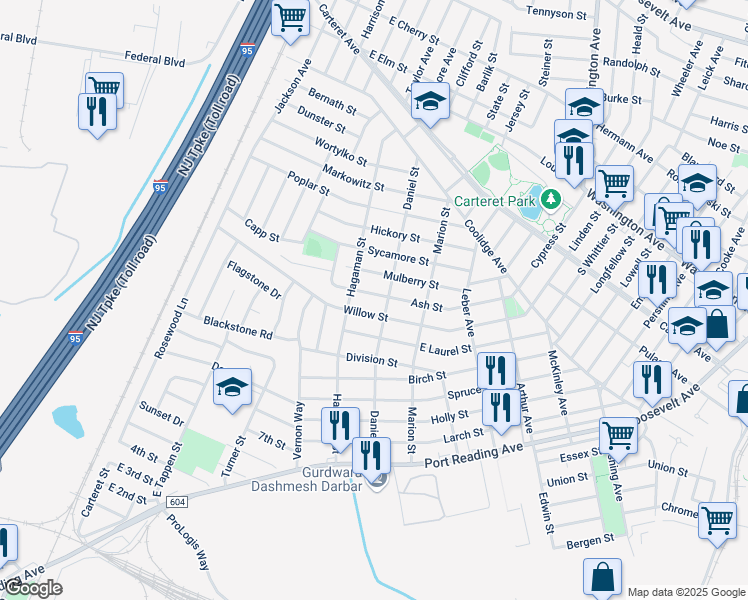 map of restaurants, bars, coffee shops, grocery stores, and more near 54 Willow Street in Middlesex County