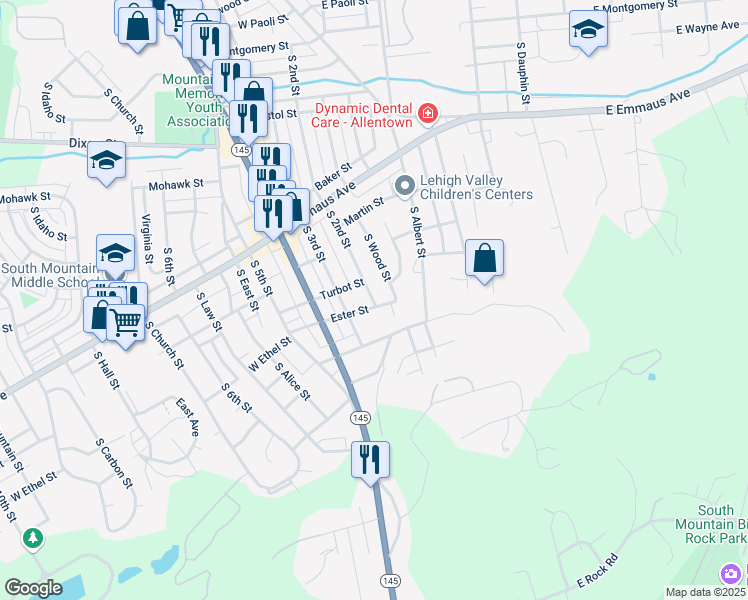 map of restaurants, bars, coffee shops, grocery stores, and more near 101-209 West Mountain Road in Allentown