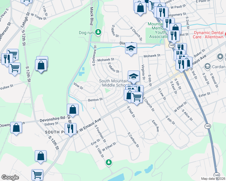 map of restaurants, bars, coffee shops, grocery stores, and more near 813 Benton Street in Allentown