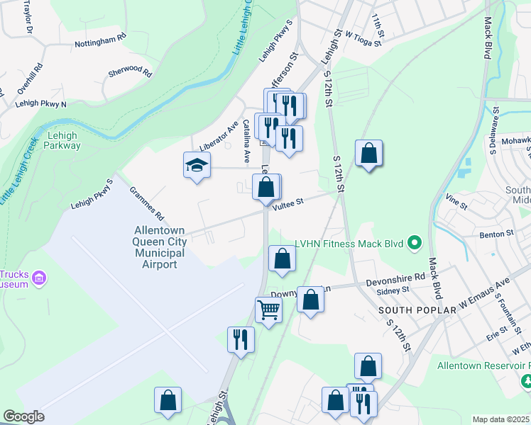 map of restaurants, bars, coffee shops, grocery stores, and more near 1902 Lehigh Street in Allentown
