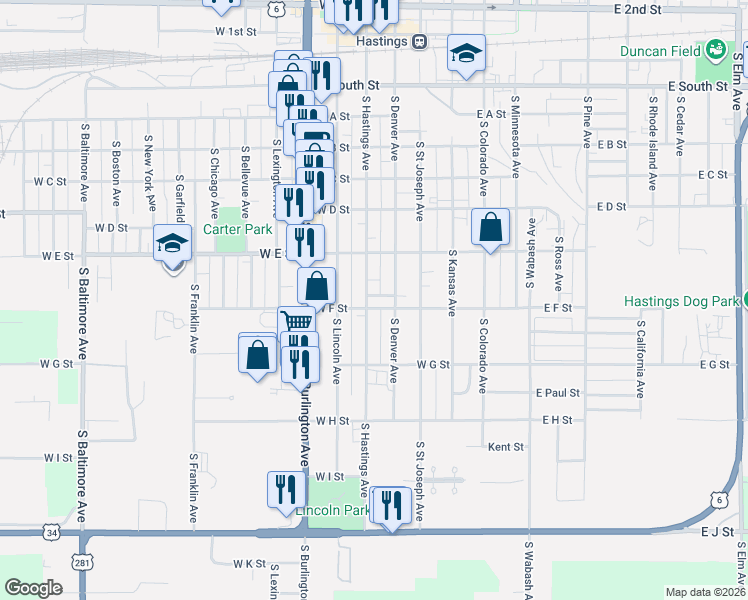 map of restaurants, bars, coffee shops, grocery stores, and more near 809 South Hastings Avenue in Hastings