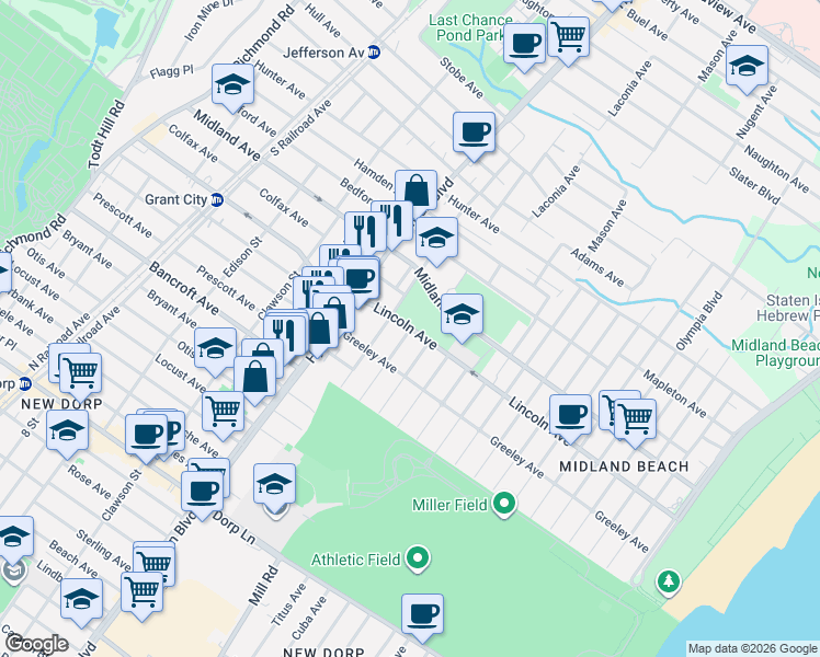 map of restaurants, bars, coffee shops, grocery stores, and more near 253 Rudyard Street in Staten Island