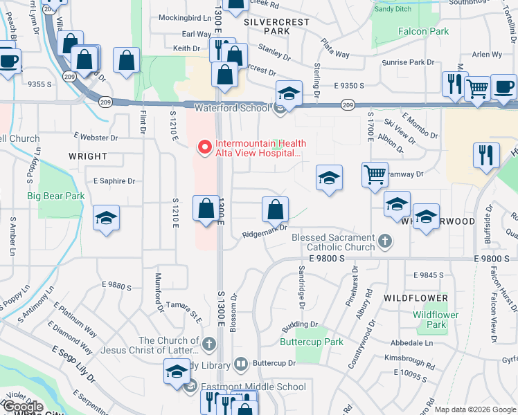 map of restaurants, bars, coffee shops, grocery stores, and more near 1402 Indian Ridge Circle in Sandy