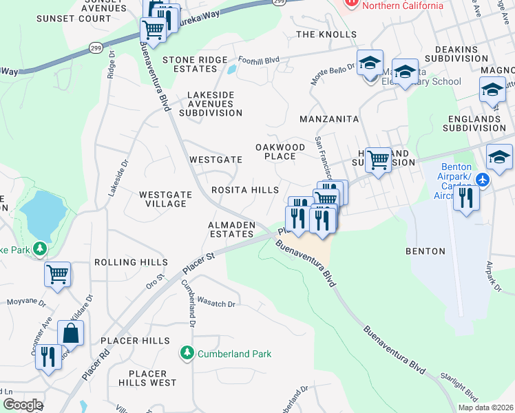 map of restaurants, bars, coffee shops, grocery stores, and more near 1494 Lear Way in Redding