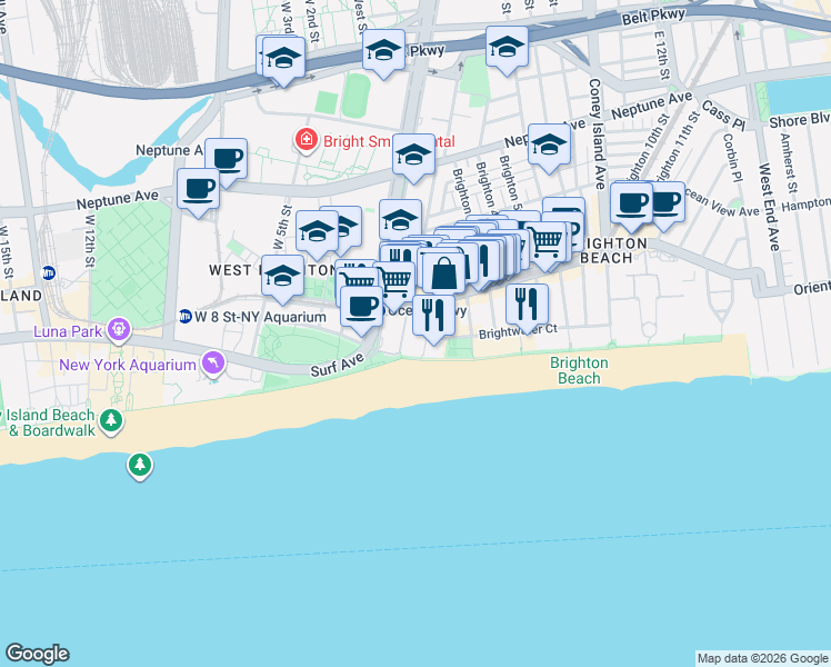map of restaurants, bars, coffee shops, grocery stores, and more near 201 Brighton 1st Road in Brooklyn