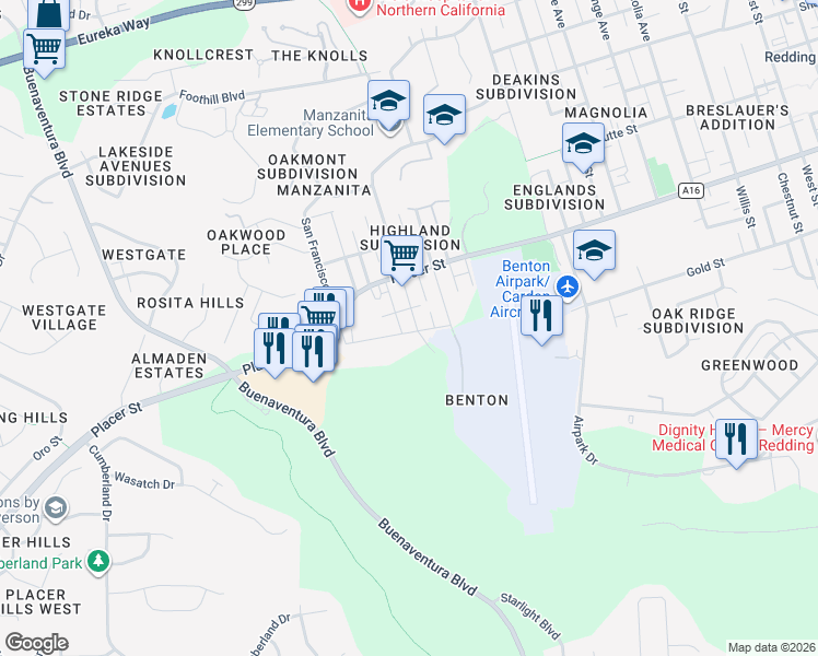 map of restaurants, bars, coffee shops, grocery stores, and more near 1850 Pleasant Street in Redding