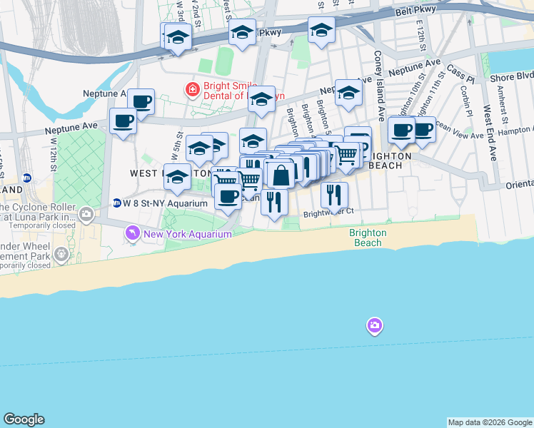 map of restaurants, bars, coffee shops, grocery stores, and more near 201 Brighton 1st Road in Brooklyn