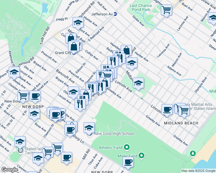 map of restaurants, bars, coffee shops, grocery stores, and more near 11 Maplewood Place in Staten Island