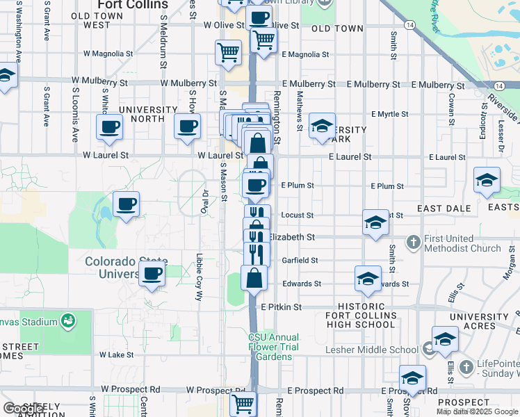 map of restaurants, bars, coffee shops, grocery stores, and more near 914 South College Avenue in Fort Collins