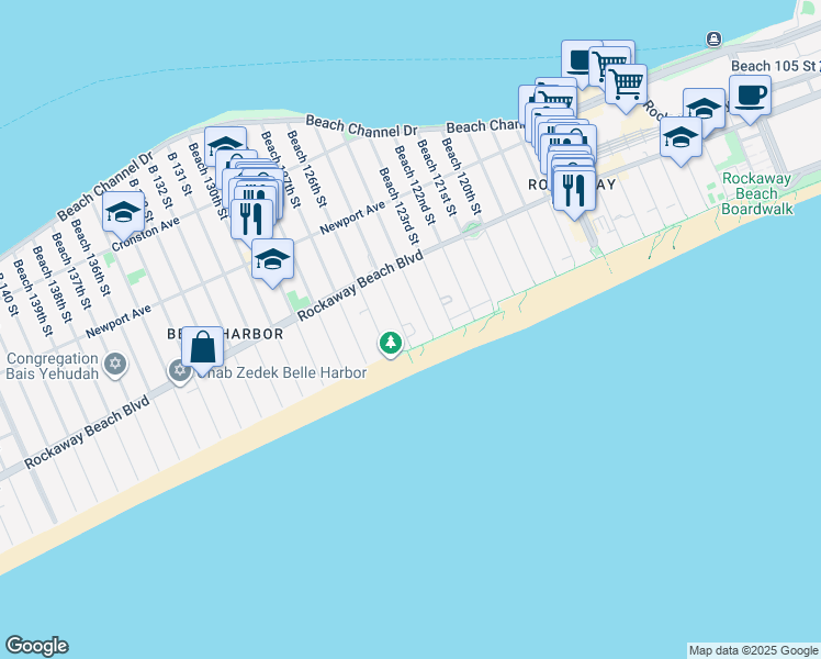 map of restaurants, bars, coffee shops, grocery stores, and more near 1-38 Beach 125th Street in Queens