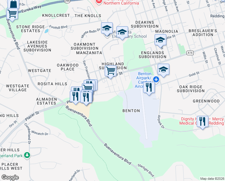 map of restaurants, bars, coffee shops, grocery stores, and more near 3025 South Street in Redding
