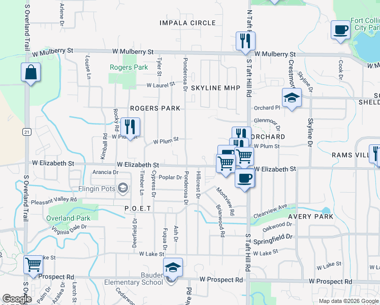 map of restaurants, bars, coffee shops, grocery stores, and more near 928 Ponderosa Drive in Fort Collins