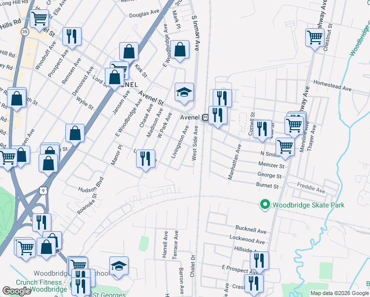 map of restaurants, bars, coffee shops, grocery stores, and more near 45 West Side Avenue in Woodbridge Township