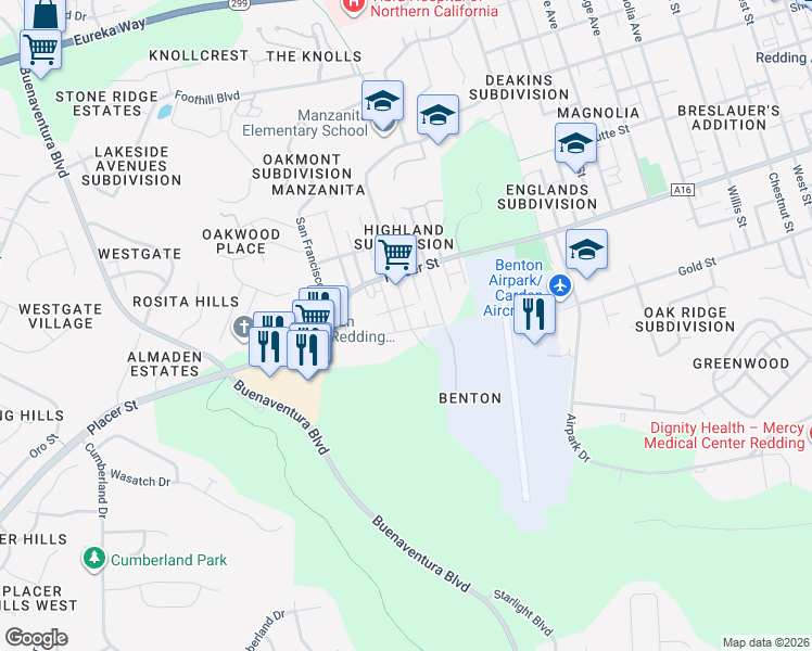 map of restaurants, bars, coffee shops, grocery stores, and more near 3025 South Street in Redding