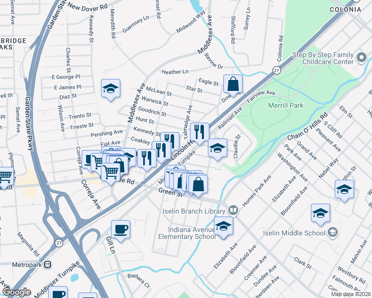 map of restaurants, bars, coffee shops, grocery stores, and more near 126 North Main Street in Woodbridge Township