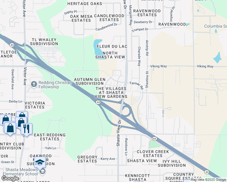 map of restaurants, bars, coffee shops, grocery stores, and more near 2360 Shining Star Way in Redding