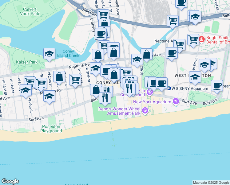map of restaurants, bars, coffee shops, grocery stores, and more near 1520 Surf Avenue in Brooklyn