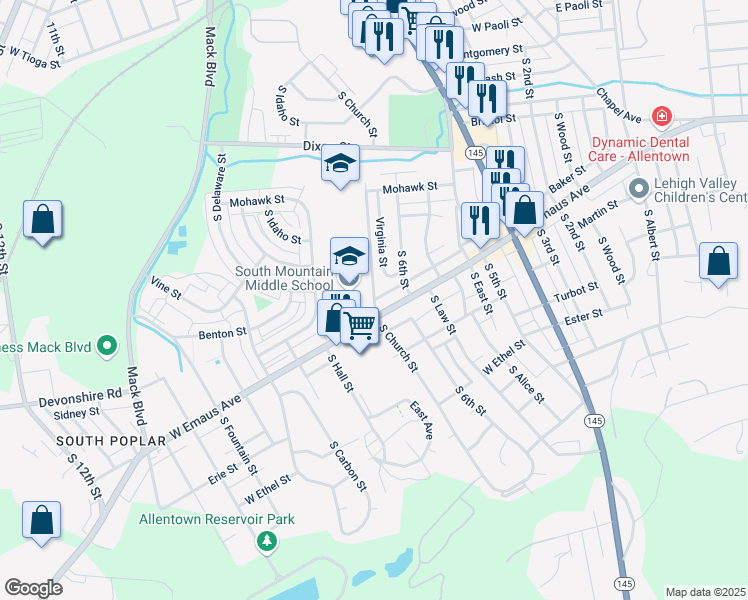 map of restaurants, bars, coffee shops, grocery stores, and more near 1944 South Church Street in Allentown