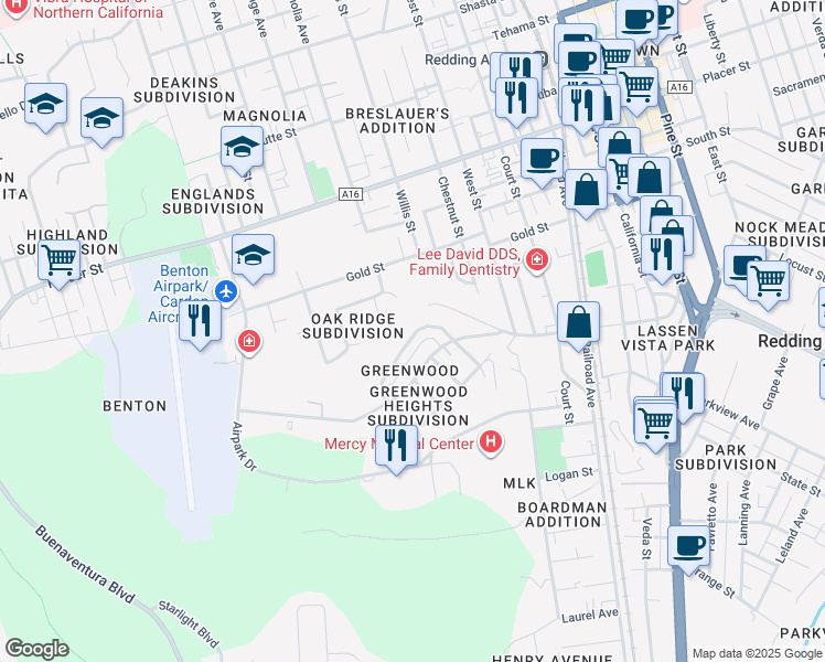 map of restaurants, bars, coffee shops, grocery stores, and more near 2090 Skyline Drive in Redding
