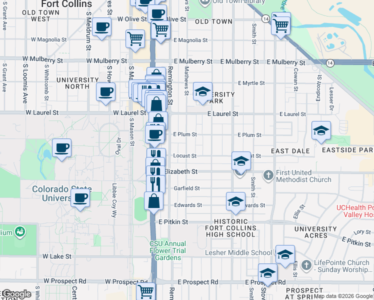 map of restaurants, bars, coffee shops, grocery stores, and more near 309 Locust Street in Fort Collins