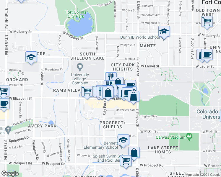 map of restaurants, bars, coffee shops, grocery stores, and more near 1336 West Elizabeth Street in Fort Collins