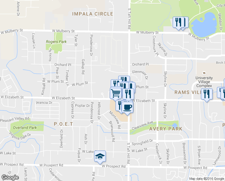 map of restaurants, bars, coffee shops, grocery stores, and more near 2140 West Elizabeth Street in Fort Collins