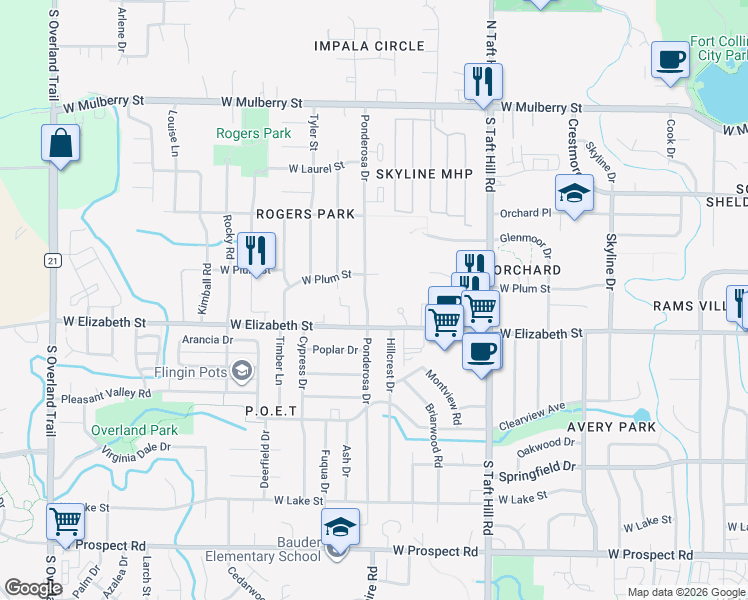 map of restaurants, bars, coffee shops, grocery stores, and more near 928 Ponderosa Drive in Fort Collins