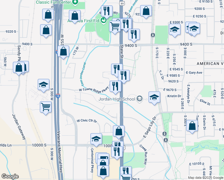map of restaurants, bars, coffee shops, grocery stores, and more near 75 West Towne Ridge Parkway in Sandy
