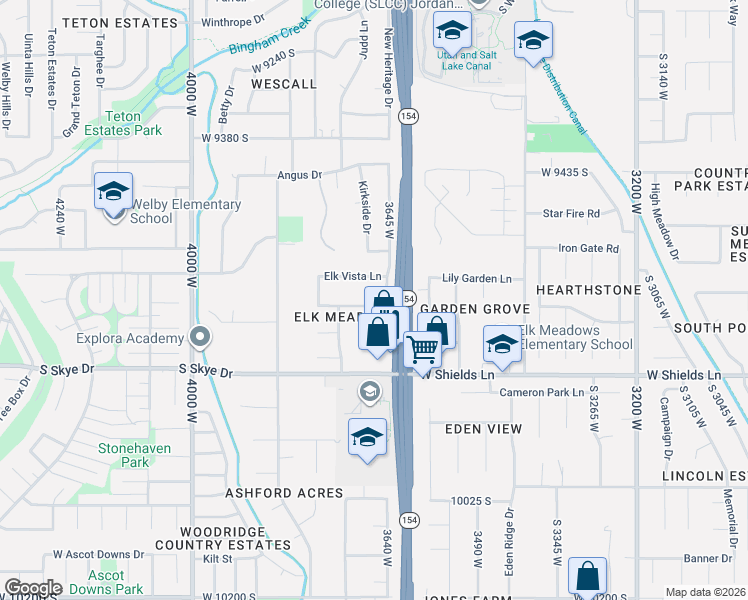 map of restaurants, bars, coffee shops, grocery stores, and more near 3652 9800 South in South Jordan
