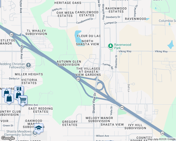 map of restaurants, bars, coffee shops, grocery stores, and more near 2341 Shining Star Way in Redding