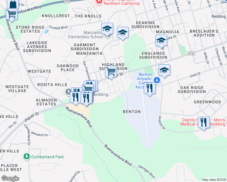 map of restaurants, bars, coffee shops, grocery stores, and more near 3025 South Street in Redding