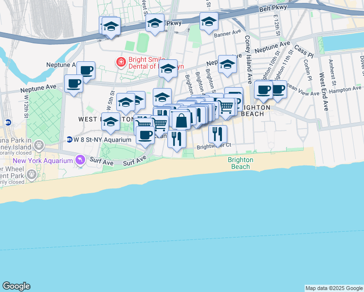 map of restaurants, bars, coffee shops, grocery stores, and more near 201 Brighton 1st Road in Brooklyn