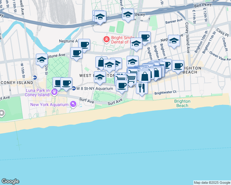 map of restaurants, bars, coffee shops, grocery stores, and more near Sea Breeze Avenue in Brooklyn
