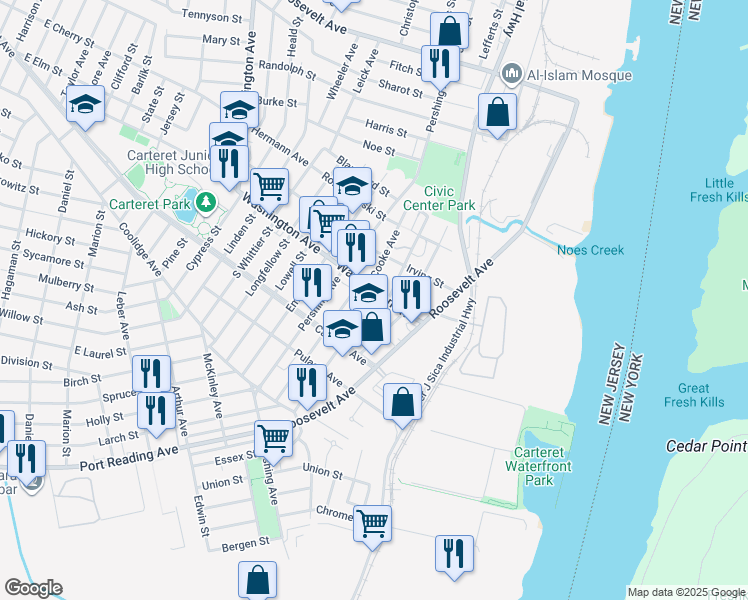 map of restaurants, bars, coffee shops, grocery stores, and more near 29 Washington Avenue in Carteret