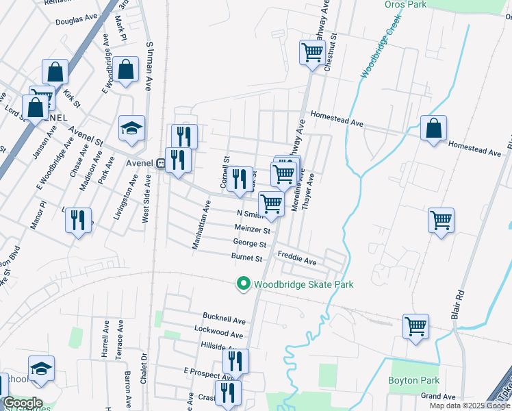 map of restaurants, bars, coffee shops, grocery stores, and more near 5 North Smith Street in Woodbridge Township