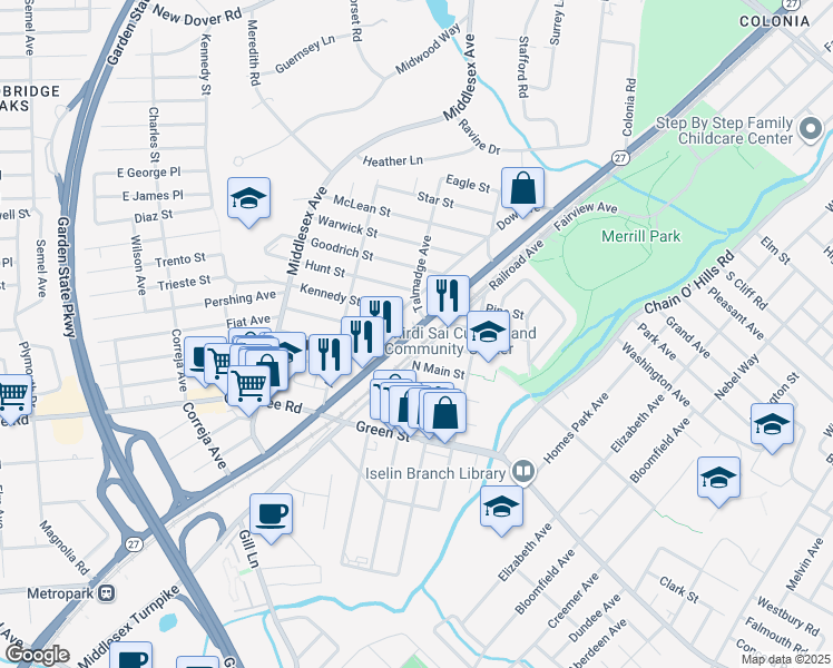 map of restaurants, bars, coffee shops, grocery stores, and more near 126 North Main Street in Woodbridge Township