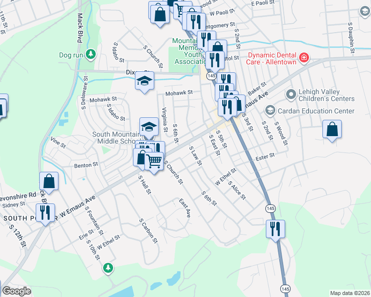 map of restaurants, bars, coffee shops, grocery stores, and more near 2338 South Law Street in Allentown
