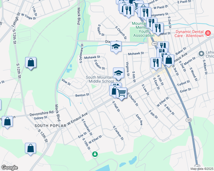 map of restaurants, bars, coffee shops, grocery stores, and more near 2112 Baker Drive in Allentown