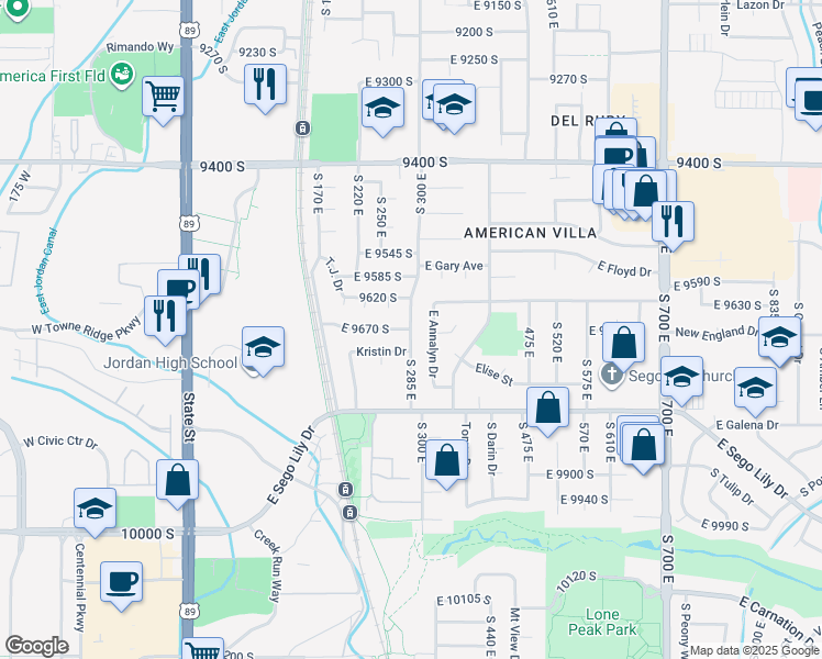 map of restaurants, bars, coffee shops, grocery stores, and more near 285 East Vaughn Lane in Midvale