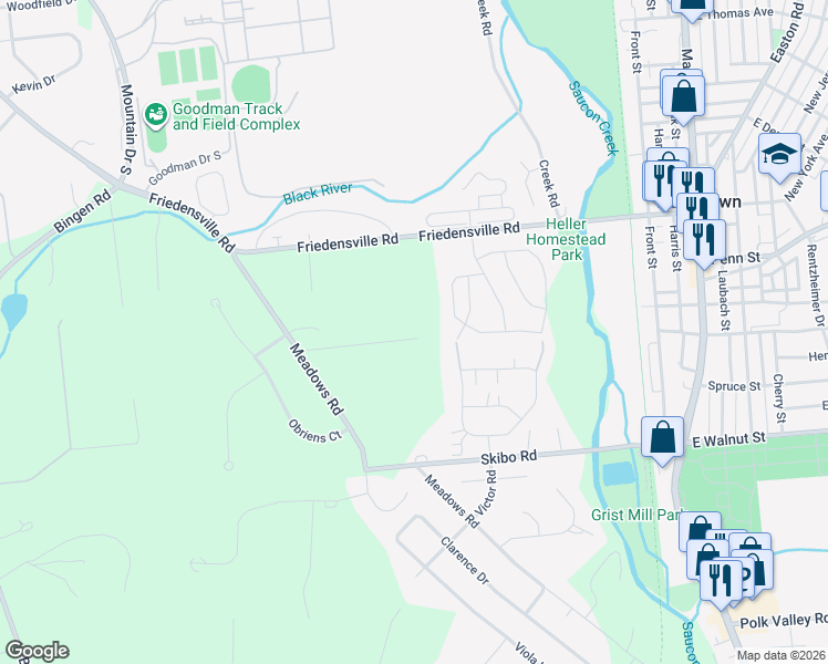 map of restaurants, bars, coffee shops, grocery stores, and more near 1931 Meadows Road in Bethlehem