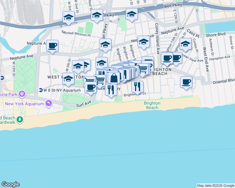 map of restaurants, bars, coffee shops, grocery stores, and more near 3111 Brighton 1st Place in Brooklyn