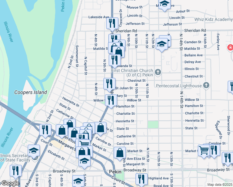 map of restaurants, bars, coffee shops, grocery stores, and more near 802 Willow Street in Pekin