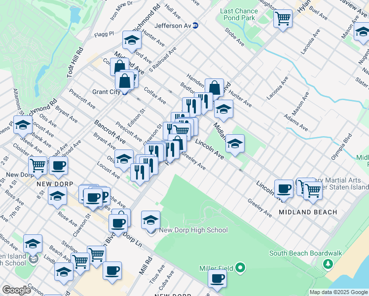 map of restaurants, bars, coffee shops, grocery stores, and more near 11 Maplewood Place in Staten Island