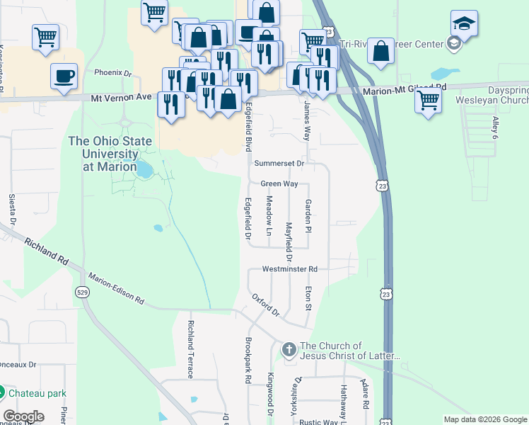 map of restaurants, bars, coffee shops, grocery stores, and more near 547 Meadow Lane in Marion