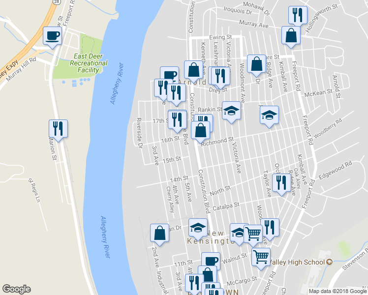 map of restaurants, bars, coffee shops, grocery stores, and more near 1520 5th Avenue in New Kensington