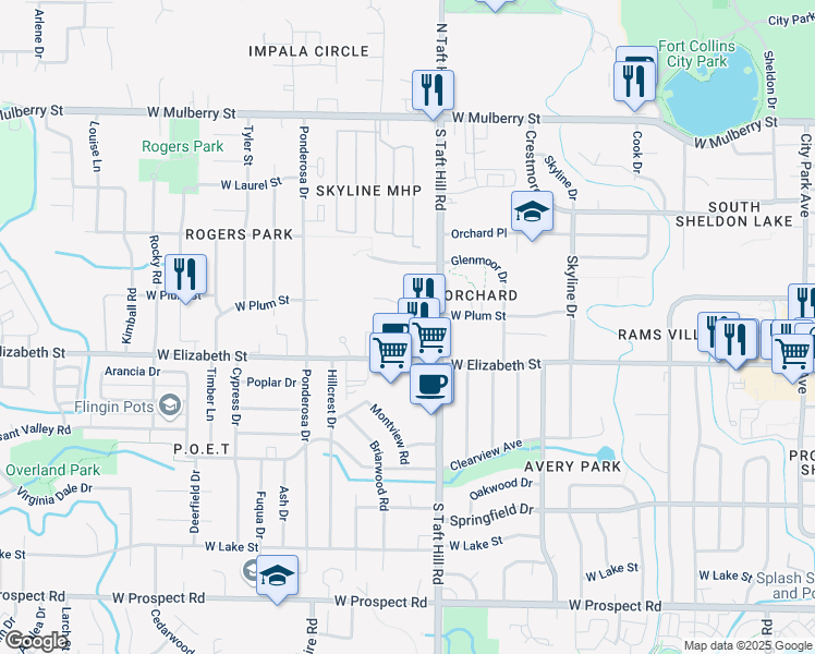 map of restaurants, bars, coffee shops, grocery stores, and more near 2226 West Elizabeth Street in Fort Collins