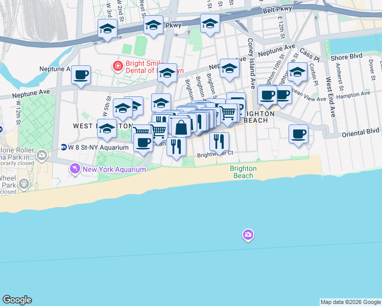 map of restaurants, bars, coffee shops, grocery stores, and more near 3120 Brighton 2nd Street in Brooklyn