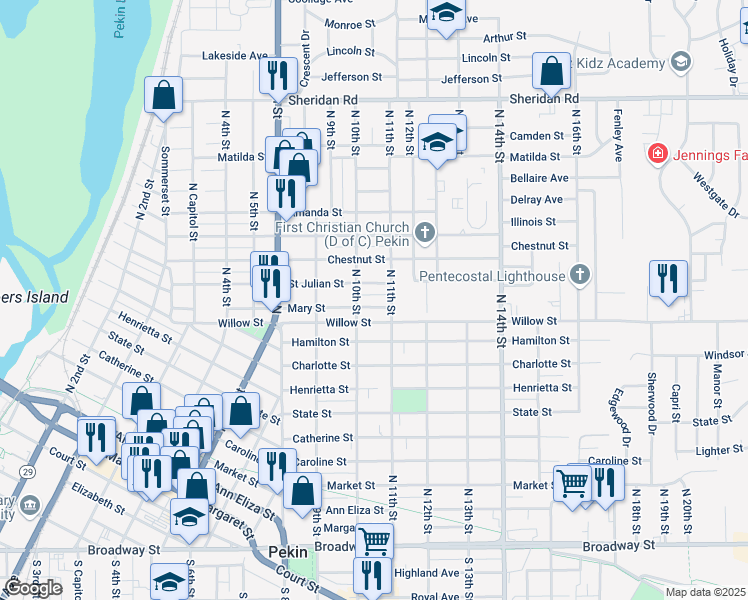 map of restaurants, bars, coffee shops, grocery stores, and more near 1007 Saint Julian Street in Pekin