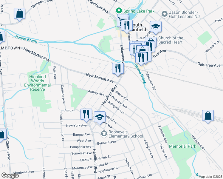 map of restaurants, bars, coffee shops, grocery stores, and more near 408 Hamilton Boulevard in South Plainfield