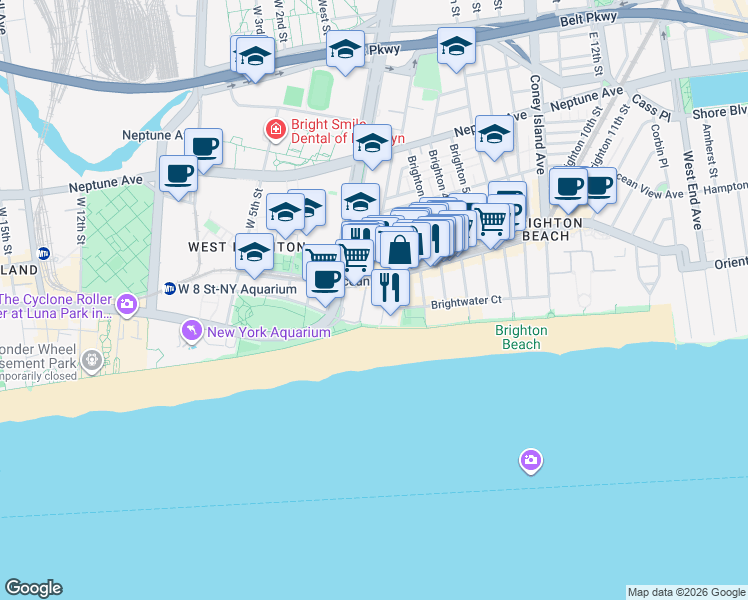 map of restaurants, bars, coffee shops, grocery stores, and more near 229 Brighton Beach Avenue in Brooklyn